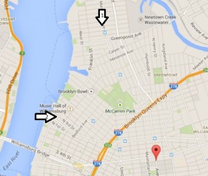 Map of Greenpoint showing 1) where Fogarty stumbled, 2) Fogarty's home, and (red arrow) where Fogarty was taken to hospital.